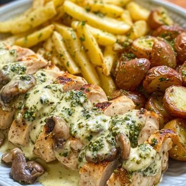 Creamy Garlic Mushroom Alfredo Chicken & Potatoes with Basil Pesto