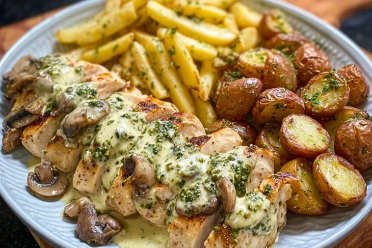 Creamy Garlic Mushroom Alfredo Chicken & Potatoes with Basil Pesto