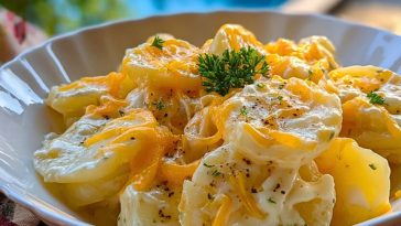 Bowl of Crockpot Cheesy Potatoes with golden melted cheddar, creamy sauce, and a parsley garnish beside a blue poolside setting.