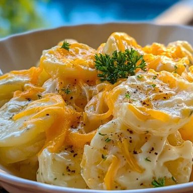 Bowl of Crockpot Cheesy Potatoes with golden melted cheddar, creamy sauce, and a parsley garnish beside a blue poolside setting.