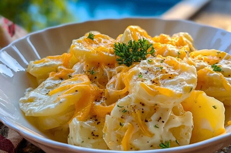 Bowl of Crockpot Cheesy Potatoes with golden melted cheddar, creamy sauce, and a parsley garnish beside a blue poolside setting.