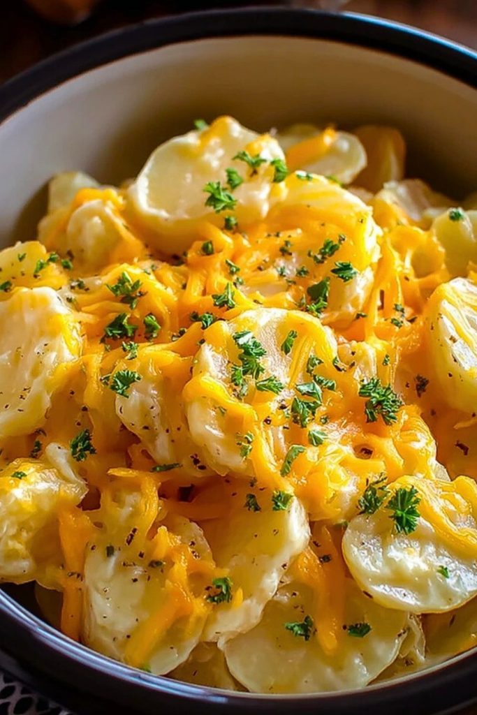 Overhead close-up of Crockpot Cheesy Potatoes in a dark bowl, topped with shredded cheese, fresh parsley, and cracked black pepper.