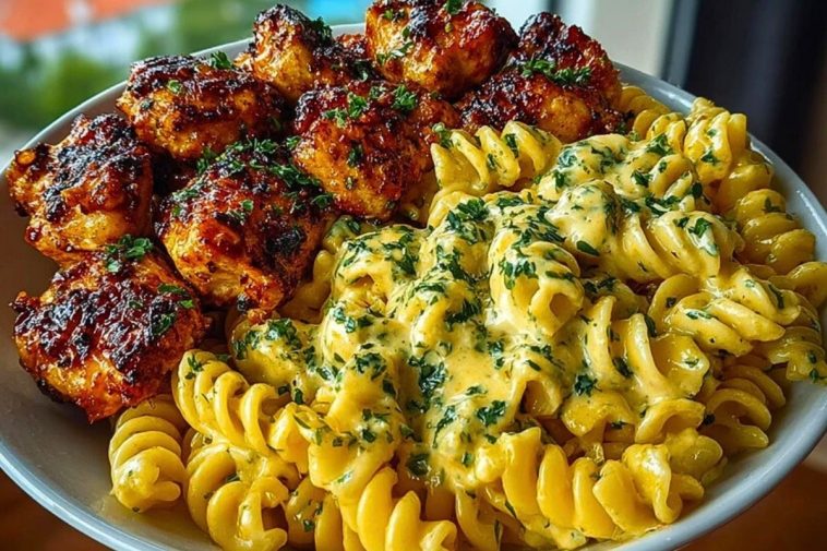 Delicious Garlic Butter Chicken Bites with Spicy Cajun Alfredo Twisted Pasta Recipe