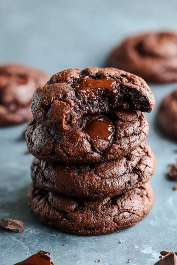 Stack of gooey Double Chocolate Cookies with melted centers and rich chocolate texture on a blue surface