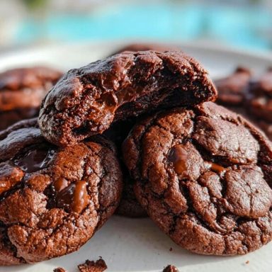 Double Chocolate Cookies stacked on a white plate with melty chocolate chunks and a poolside view