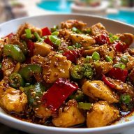 A close-up of Easy Hunan Chicken Recipe with juicy chicken, green and red bell peppers, broccoli, and sesame seeds in a glossy chili garlic sauce.