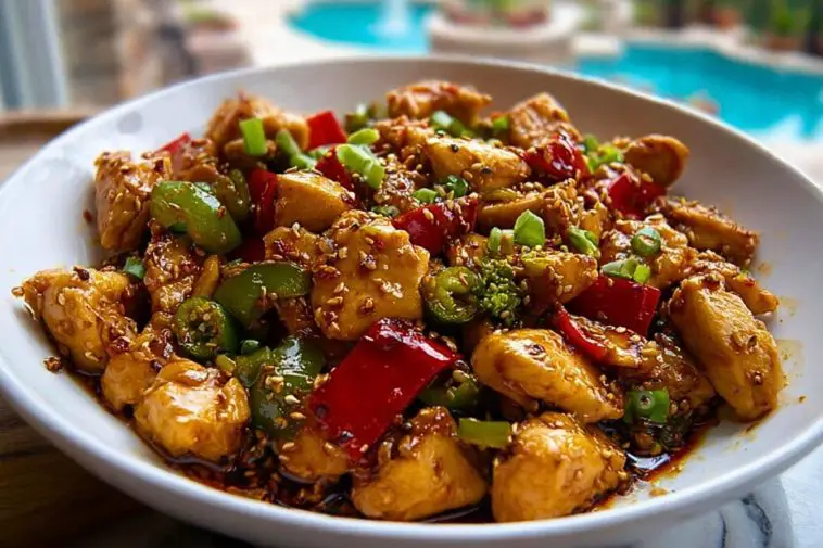A close-up of Easy Hunan Chicken Recipe with juicy chicken, green and red bell peppers, broccoli, and sesame seeds in a glossy chili garlic sauce.