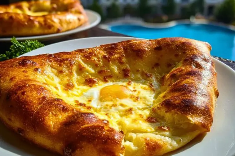 Golden-baked Easy Khachapuri with a runny egg center served on a white plate near a poolside, showcasing its crisp crust and melted cheese.
