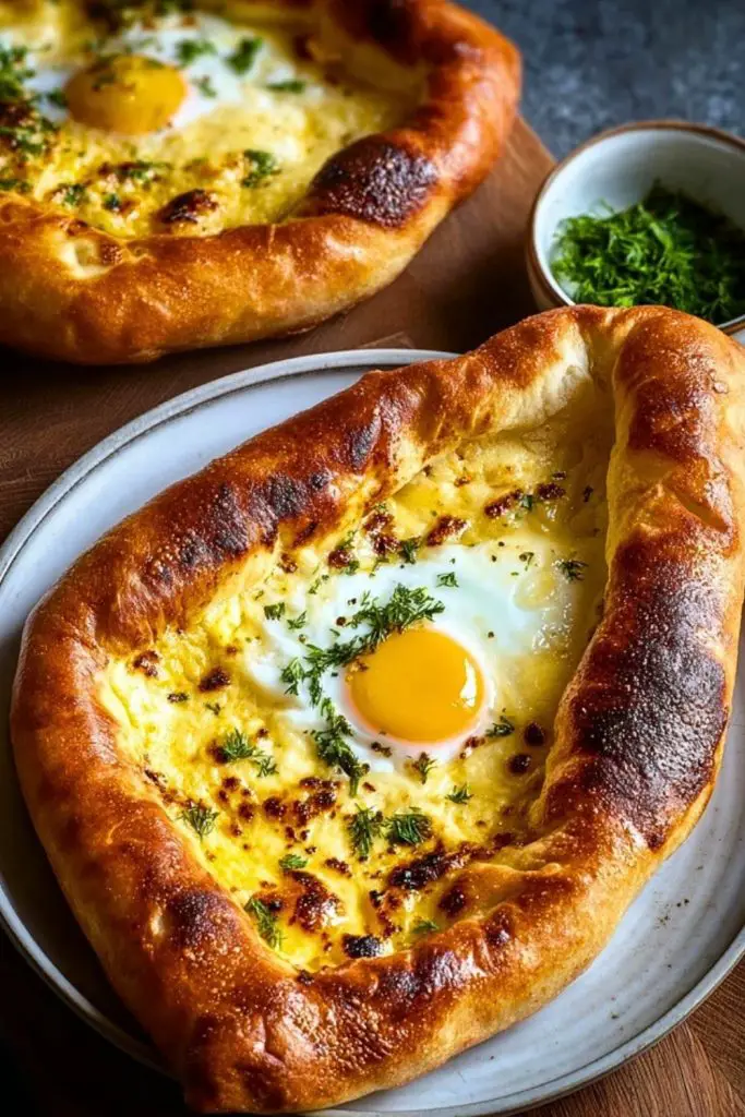 Freshly baked Easy Khachapuri topped with parsley, showing the browned crust and perfectly set egg yolk on a rustic ceramic plate.