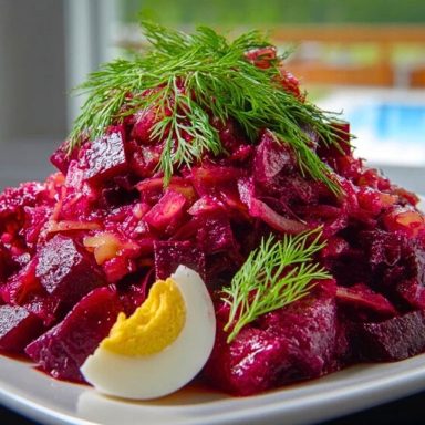 Chunky Easy Russian Beet Salad served on a white plate with dill garnish and sliced boiled eggs around the edge.