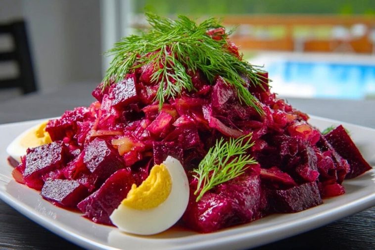 Chunky Easy Russian Beet Salad served on a white plate with dill garnish and sliced boiled eggs around the edge.