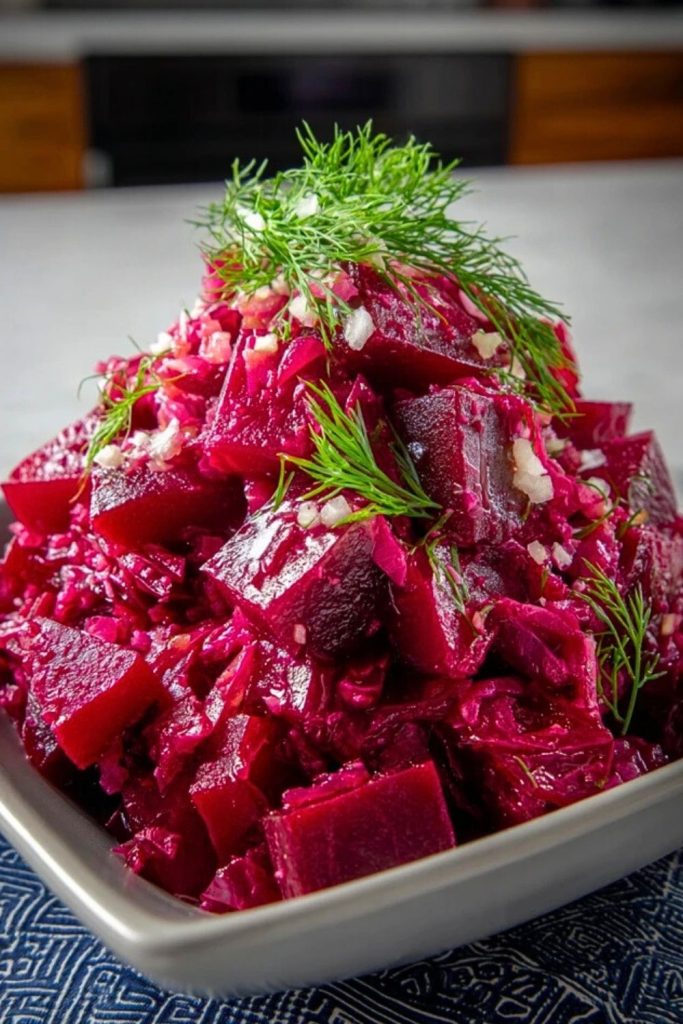 Close-up of Easy Russian Beet Salad with diced beets, onions, and fresh dill in a gray bowl over a patterned cloth.