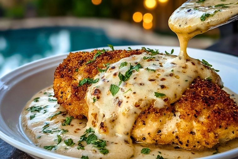 Crispy breaded chicken breasts topped with creamy garlic Parmesan sauce and chopped parsley on a white plate.