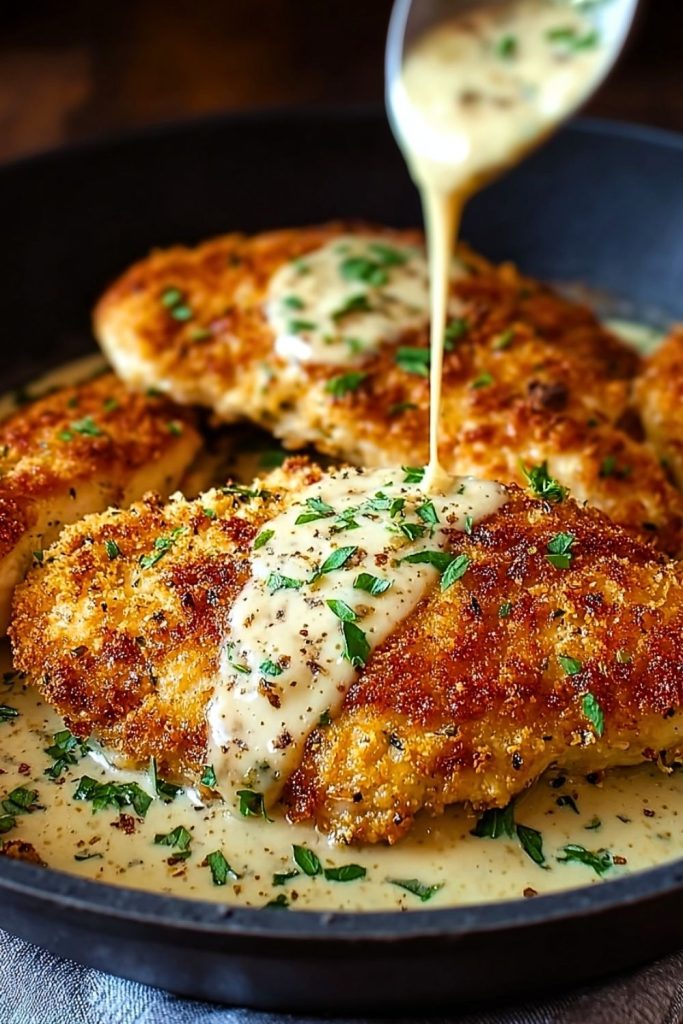Skillet of golden chicken breasts being drizzled with rich garlic Parmesan cream sauce and garnished with herbs.