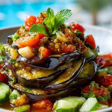 Layered Eggplant Salad with grilled eggplant, cherry tomatoes, cucumbers, and fresh herbs, garnished with mint, served by the poolside.