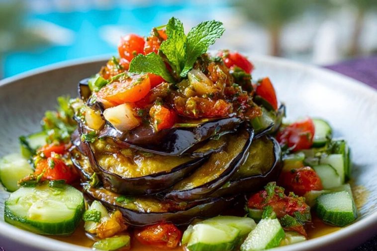 Layered Eggplant Salad with grilled eggplant, cherry tomatoes, cucumbers, and fresh herbs, garnished with mint, served by the poolside.