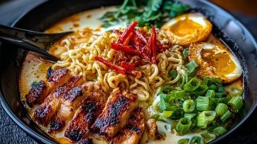 Fiery Chicken Ramen with Creamy Garlic Sauce