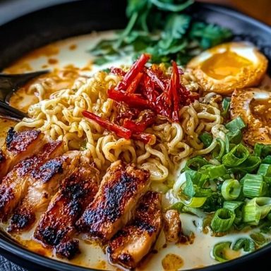 Fiery Chicken Ramen with Creamy Garlic Sauce
