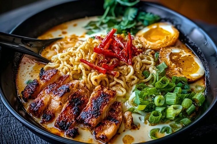 Fiery Chicken Ramen with Creamy Garlic Sauce