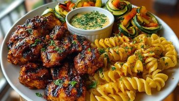 Garlic Chili Oil Chicken Bites & Cajun Alfredo with Charred Zucchini Twists
