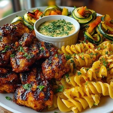 Garlic Chili Oil Chicken Bites & Cajun Alfredo with Charred Zucchini Twists