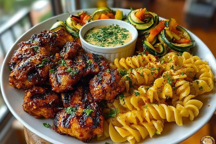 Garlic Chili Oil Chicken Bites & Cajun Alfredo with Charred Zucchini Twists