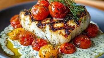 Grilled Cod with Roasted Tomatoes & Creamy Dill Sauce