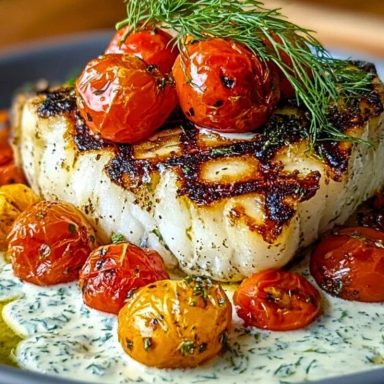 Grilled Cod with Roasted Tomatoes & Creamy Dill Sauce