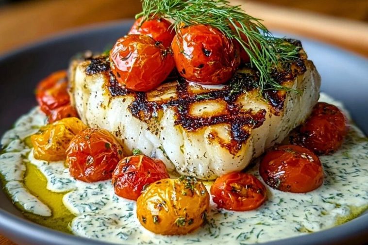 Grilled Cod with Roasted Tomatoes & Creamy Dill Sauce