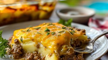 Potatoes served on a white plate with parsley garnish, showing creamy layers of beef, potato, and melted cheddar.