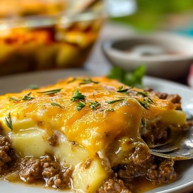 Potatoes served on a white plate with parsley garnish, showing creamy layers of beef, potato, and melted cheddar.