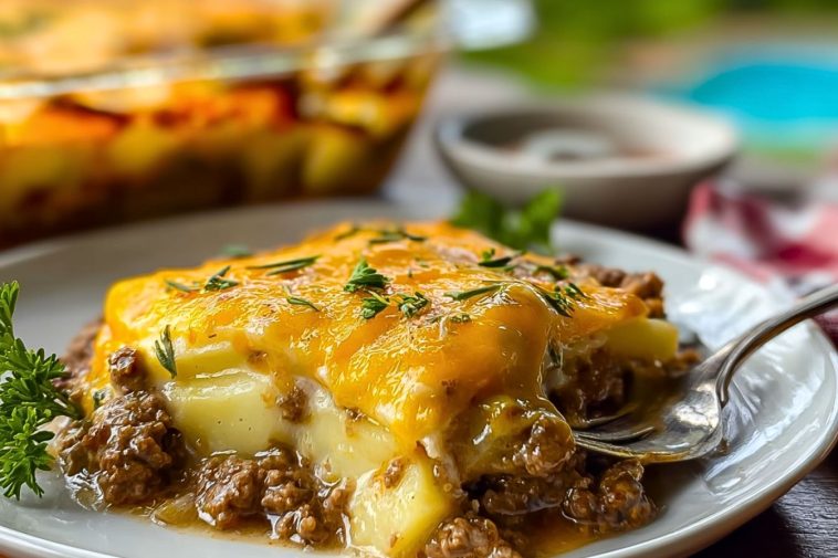 Potatoes served on a white plate with parsley garnish, showing creamy layers of beef, potato, and melted cheddar.