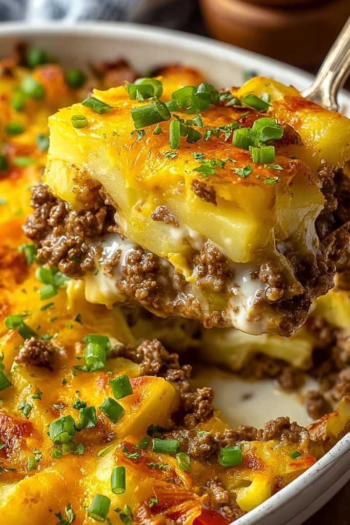 Casserole Potatoes with golden cheddar top and fresh green onions, highlighting the rich beef and tender potato layers.