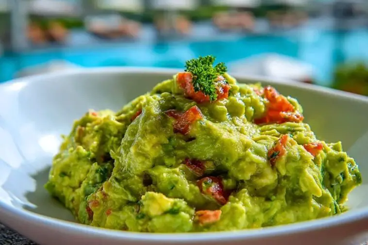 Fresh guacamole served in a white bowl, topped with diced tomato and parsley, with a sunny poolside background.