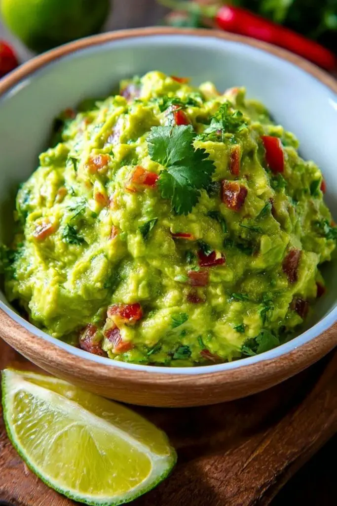 Classic guacamole in a wooden bowl garnished with cilantro, surrounded by lime wedges and fresh ingredients.