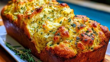 Golden herb and cheese quick bread loaf on a white plate, topped with herbs and served with fresh rosemary sprigs.