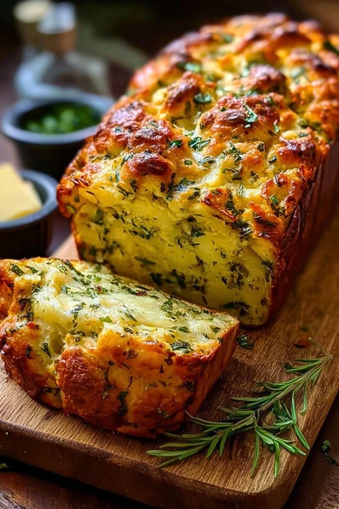 Sliced herb and cheese quick bread showing melted cheddar and parsley inside, resting on a wooden cutting board with rosemary garnish.