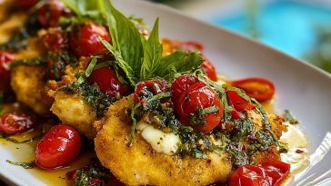Golden fried chicken cutlets topped with blistered cherry tomatoes and fresh basil in the Italian Basil Chicken dish.