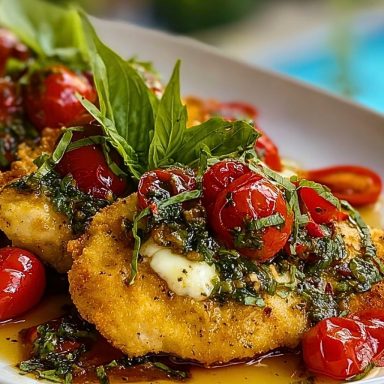 Golden fried chicken cutlets topped with blistered cherry tomatoes and fresh basil in the Italian Basil Chicken dish.