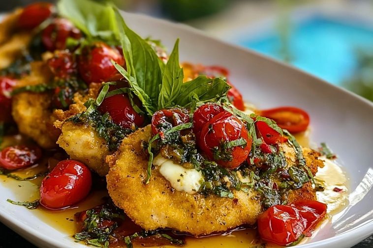 Golden fried chicken cutlets topped with blistered cherry tomatoes and fresh basil in the Italian Basil Chicken dish.