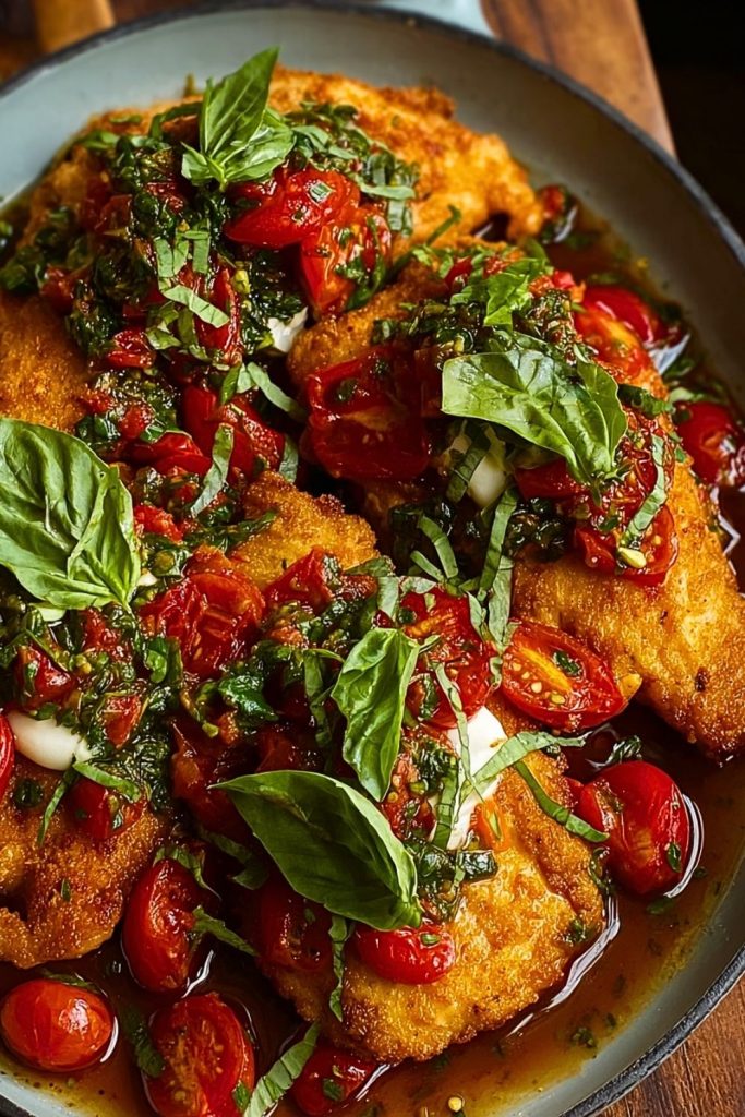 Overhead view of Italian Basil Chicken with crispy breaded chicken, melty mozzarella, and herby tomato topping in a shallow bowl.