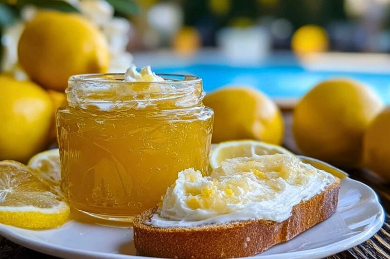 Jar of Italian Lemon Spread Delight on a plate beside a slice of bread topped with lemon spread and cream, with whole lemons in the background.