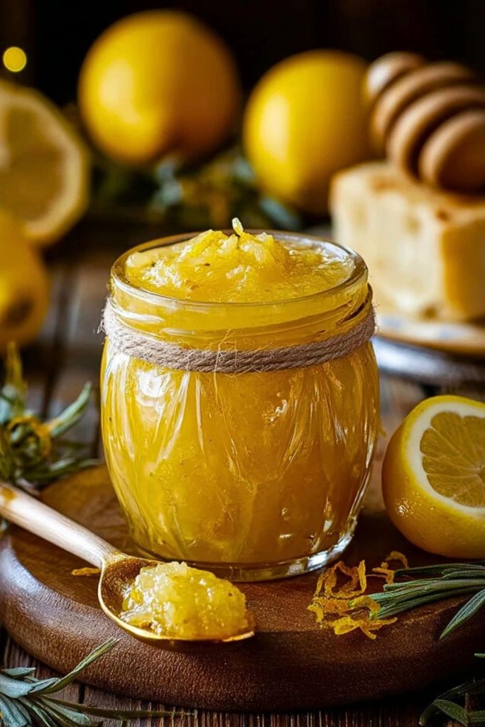 Close-up of Italian Lemon Spread Delight in a rustic jar with fresh lemon, honey dipper, and herbs on a wooden board.