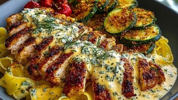Lemon Dill Chicken Alfredo with Roasted Red Pepper Whipped Feta & Crispy Parmesan Zucchini
