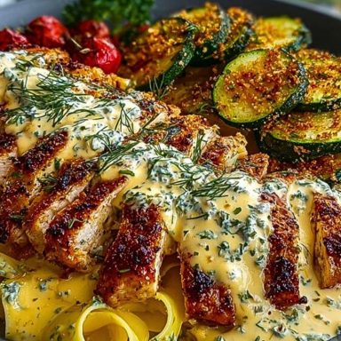 Lemon Dill Chicken Alfredo with Roasted Red Pepper Whipped Feta & Crispy Parmesan Zucchini