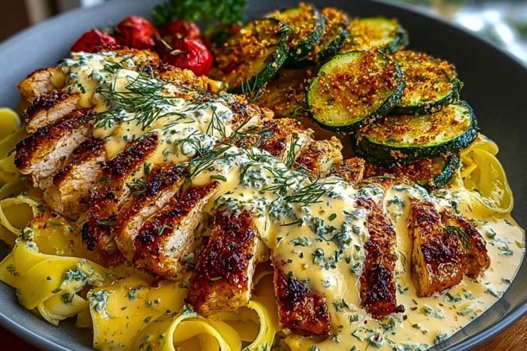 Lemon Dill Chicken Alfredo with Roasted Red Pepper Whipped Feta & Crispy Parmesan Zucchini