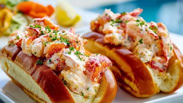 Close-up of Lobster Rolls Butter Mayo on a white plate with golden toasted buns, creamy lobster filling, and chopped chives.