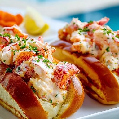 Close-up of Lobster Rolls Butter Mayo on a white plate with golden toasted buns, creamy lobster filling, and chopped chives.