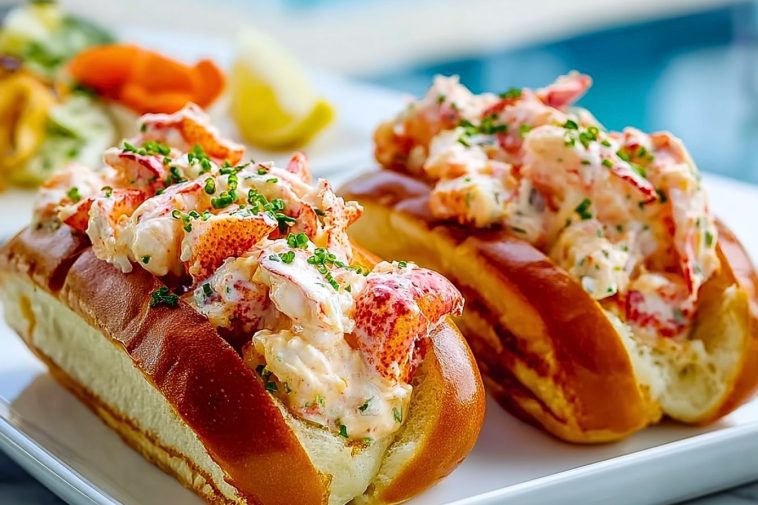 Close-up of Lobster Rolls Butter Mayo on a white plate with golden toasted buns, creamy lobster filling, and chopped chives.