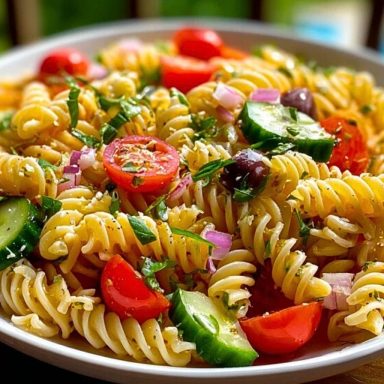 A bowl of Pasta Salad with Italian Dressing featuring rotini pasta, cherry tomatoes, cucumbers, black olives, and feta, garnished with fresh herbs.